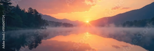 Serene sunrise over tranquil lake, mist rising, conveying a sense of calm spiritual energy and inner peace Perfect for meditation, yoga, mindfulness, and well-being themes , restorative, sunrise