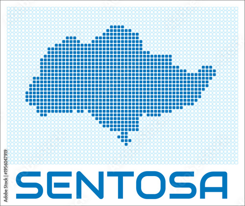 Sentosa digital style map with blue rounded rectangle dots. Singapore. Dotted shape of the island. Sentosa blue colored map and title on white background. Creative Vector Illustration.