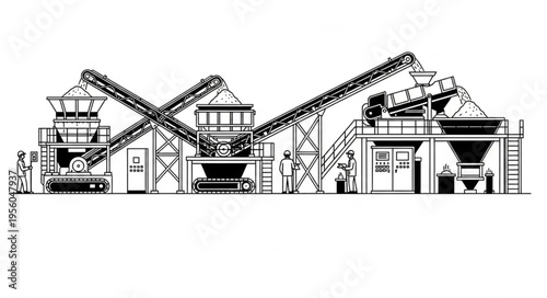 Detailed Illustration of an Industrial Aggregate Processing Plant.