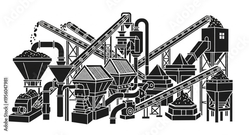 Detailed Illustration of an Industrial Plant with Conveyor Belts and Silos.