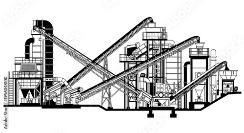 Detailed Illustration of an Industrial Processing Plant with Conveyor Belts.