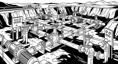 Detailed Illustration of an Industrial Water Treatment Plant.