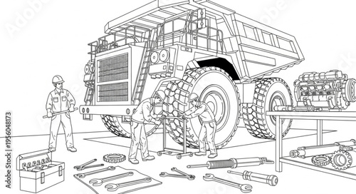 Detailed Illustration of Heavy Equipment Maintenance and Repair Scene.