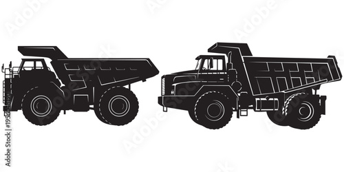 Two large dump trucks in silhouette, flat design vector illustration eps 10