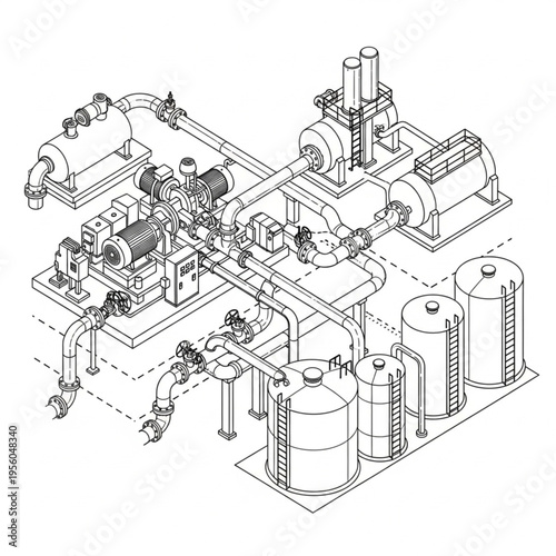 Detailed Industrial Plant Layout with Tanks and Piping System.