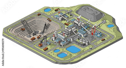 Detailed Isometric View of a Mining Operation and Processing Plant.