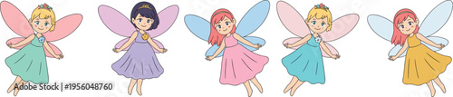 Five cartoon fairies with colorful wings and dresses flying in a row 1