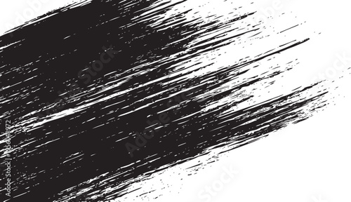 Black diagonal brush stroke texture with dry paint bristles on a white background