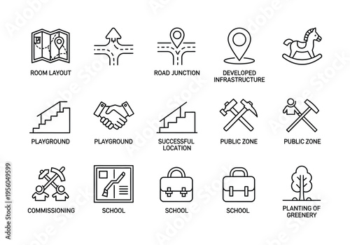 Profession and Services Icons – Construction, Mechanic, Education, Handyman and Real Estate Illustration