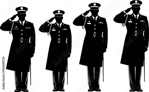 Military Officers in Full Dress Uniform Saluting Silhouette Vector Set for Veterans Day Memorial Service and Patriotic Honor Guard Illustrations