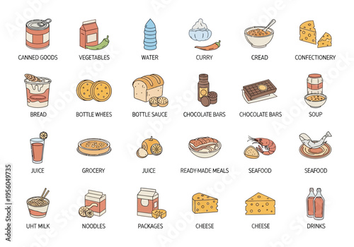 Fast Food and Snacks Cartoon Illustration – Burger, Pizza, Fries, Drinks and Colorful Food Icons