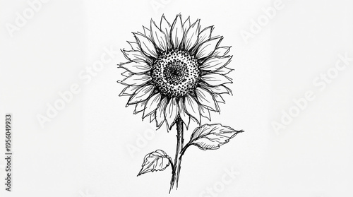 Hand drawn sunflower with leaves on stem black and white illustration botanical art floral design element