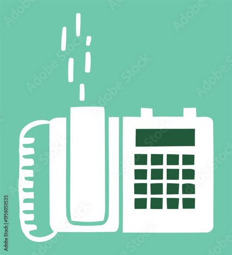 A simple graphic illustration of a white landline telephone with a handset and keypad unit on a teal background, with lines indicating sound.