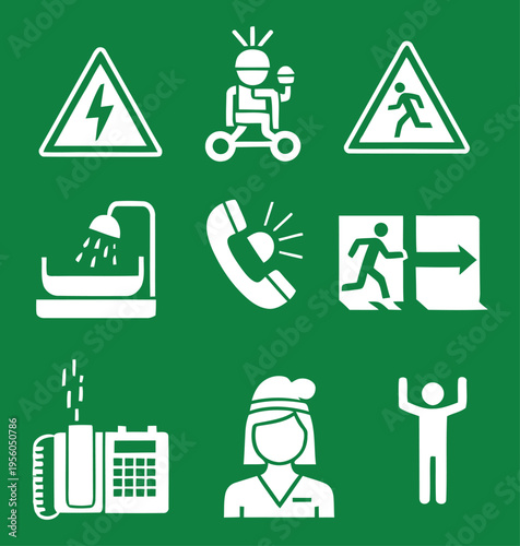 A grid of nine white icons on a green background, depicting various symbols including warning signs, communication devices, a shower, an emergency exit, and people.
