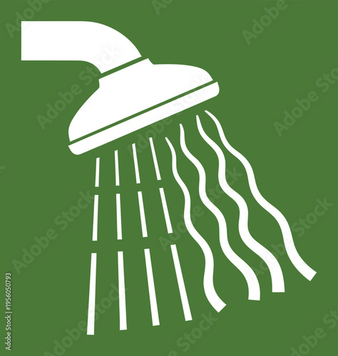 White shower head icon with water flowing out, depicted with both straight and wavy streams on a solid green background.