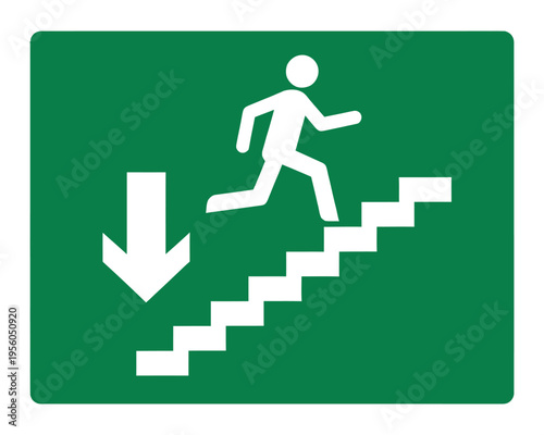 Green emergency exit sign showing a white stick figure running down stairs with a clear downward arrow.