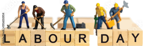 Miniature workers standing on wooden blocks with letters spelling labour day isolated on white background