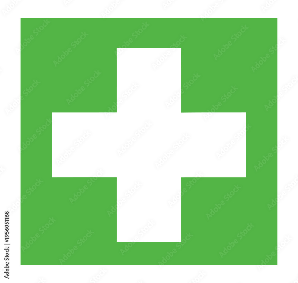 Obraz premium A simple graphic of a white cross centered on a solid green square background, commonly recognized as a first aid or medical symbol.