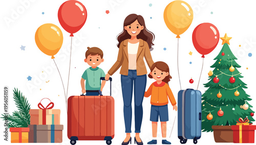 Happy family with children and suitcases preparing for a christmas holiday trip
