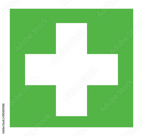 A simple graphic of a white cross centered on a solid green square background, commonly recognized as a first aid or medical symbol.