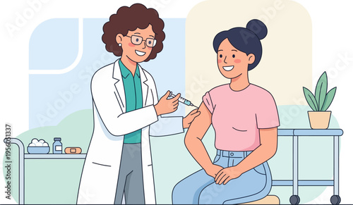 Doctor Giving Vaccine Shot to Patient in Clinic Telemedicine Concept Flat Vector Illustration