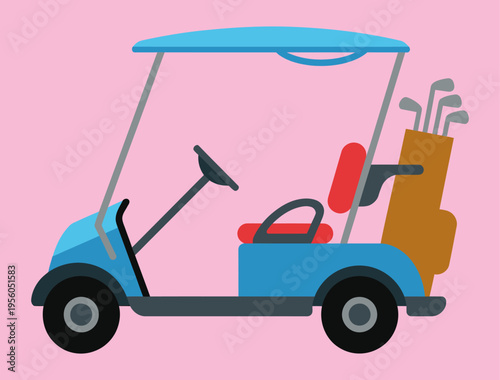 A cartoon illustration of a blue golf cart with golf clubs in a bag, set against a solid pink background.