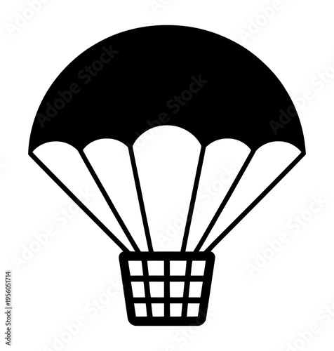 Stylized black and white illustration of a hot air balloon with a dark, semicircular canopy and a checkered basket below, depicted as a simple graphic icon.