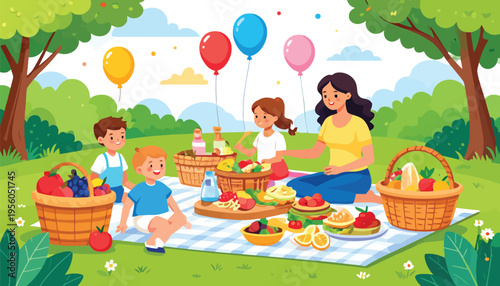 Happy family having a picnic in the park with baskets of food and balloons