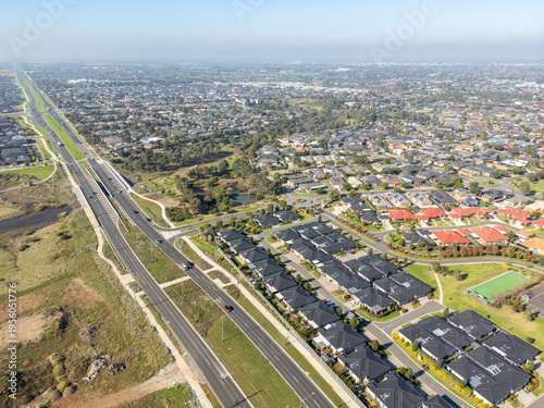 Tarneit aerial view of suburban housing, roads and green space in Melbourne