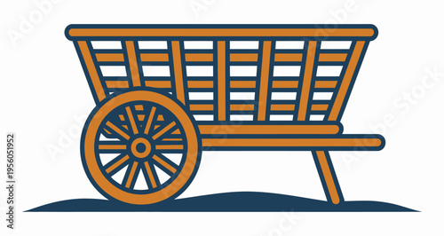 Stylized illustration of a traditional wooden cart with a large spoked wheel, resting on a dark blue ground, depicting rustic transport.