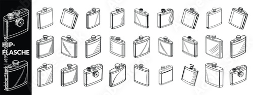 Hip-Flasche auf schwarzem  Hintergrund Vector illustration of a minimal hip flask or pocket bottle with a secured cap in two styles a dark gray colored version and a black and white outline drawing