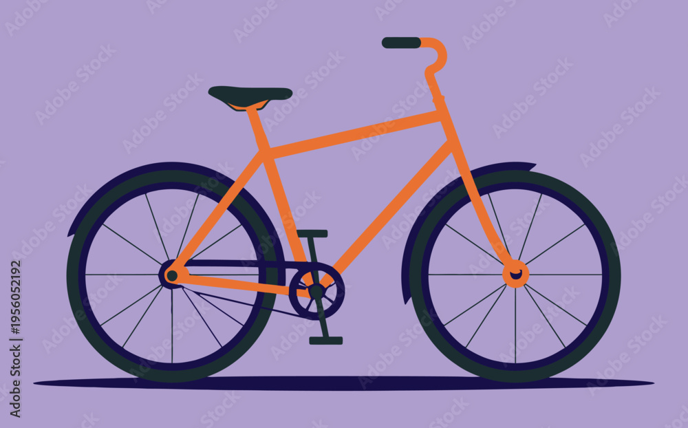 Fototapeta premium Simple orange bicycle illustration on a purple background, side view of a two-wheeled vehicle for leisure and transport.