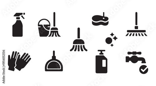 Housekeeping cleaning supplies icons collection showing sanitary tools for professional janitor home services
