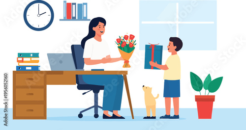 A young boy giving a gift to his mother in an office setting