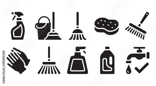 Sanitation and hygiene equipment vector icons for domestic maintenance featuring solid black silhouette style