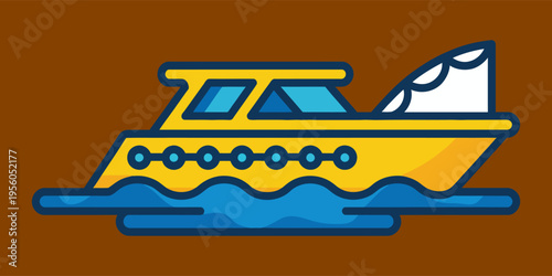 A vibrant yellow and blue cartoon boat with a white fin, sailing on wavy blue water, depicted in a flat design style.