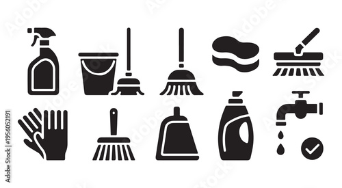 Vector silhouette cleaning icons pack for professional housekeeping and home maintenance services branding