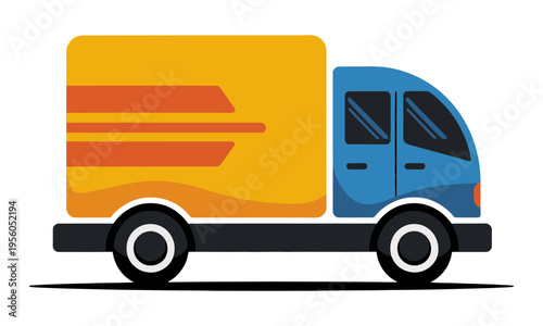 Cartoon illustration of a blue and yellow delivery truck with orange stripes, symbolizing fast shipping and logistics services.