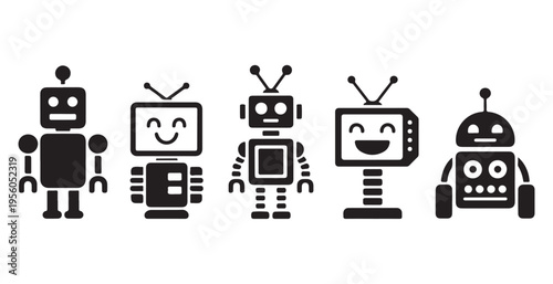 Five charming and diverse robot characters, each with distinct features and expressive faces