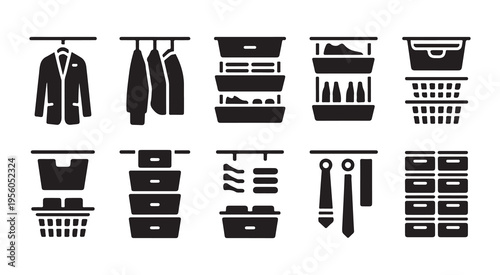 Modern wardrobe organization system with hanging clothes drawers shelves shoes and accessories neatly stored