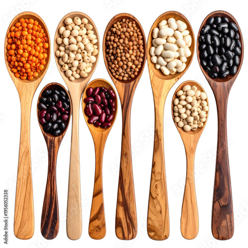 A vibrant display of various colorful legumes and pulses presented in an assortment of rustic wooden spoons against a dark backdrop.