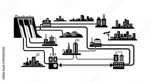 Energy Production and Distribution Network Illustration.