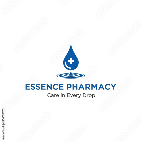 Essence Pharmacy logo featuring a blue water drop with a medical cross.