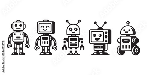 Set of cute cartoon robots in black and white line art style for graphic design and illustration