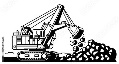 Excavator at Work - A Detailed Black and White Illustration.