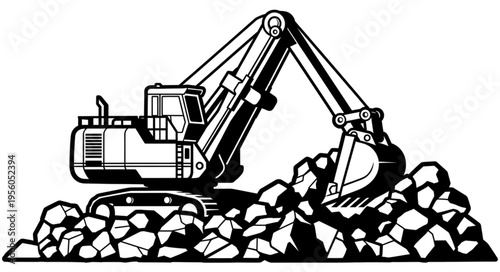 Excavator Digging Through Rocks - Heavy Machinery in Action.