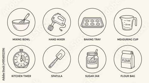 Baking tools icon set with bowl, mixer, tray, cup, timer, spatula, sugar jar, and flour bag, drawn in black-and-white line art, symbolizing cooking, pastry making, and culinary preparation.