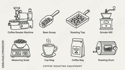 Outlined icons of coffee essentials including roaster machine, bean scoop, roasting tray, grinder mill, measuring scale, cup mug, coffee bag, and roasting drum, symbolizing coffee preparation and roas