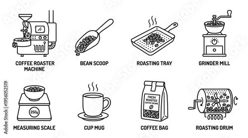 Outlined icons of coffee essentials including roaster machine, bean scoop, roasting tray, grinder mill, measuring scale, cup mug, coffee bag, and roasting drum, symbolizing coffee preparation and roas