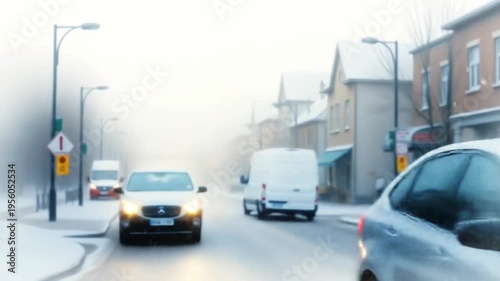 Vehicles driving on a snowy street through a misty environment